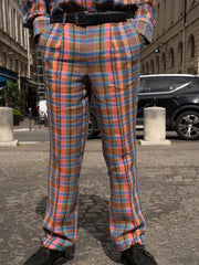 luca pleated trousers in linen canvas with summer tartan