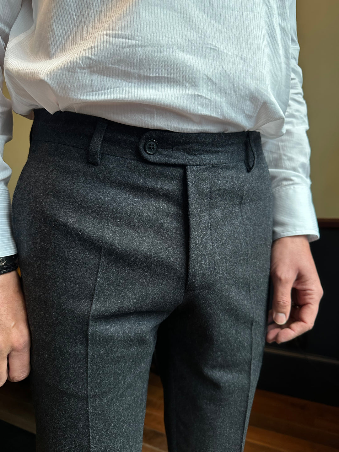 Mules Homme Pantalon Pince Anthracite En Flanelle De Laine