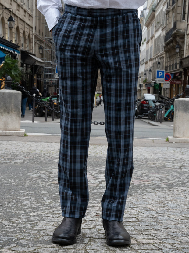 italian siza trousers in navy checked stretch canvas