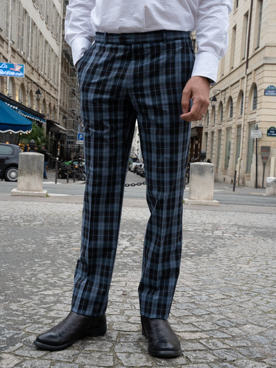pantalon siza coupe italienne en lin et coton extensible à carreaux navy