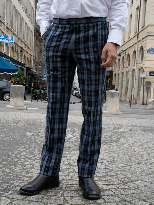 pantalon de costume à carreaux bleu marine pantalon de costume à carreaux bleu marine