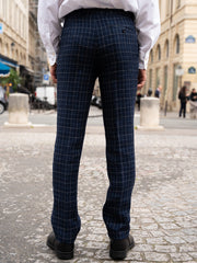 siza flat-front slim city trousers in linen and wool canvas British blue and chalk checks

