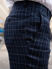 siza flat-front slim city trousers in linen and wool canvas British blue and chalk checks

