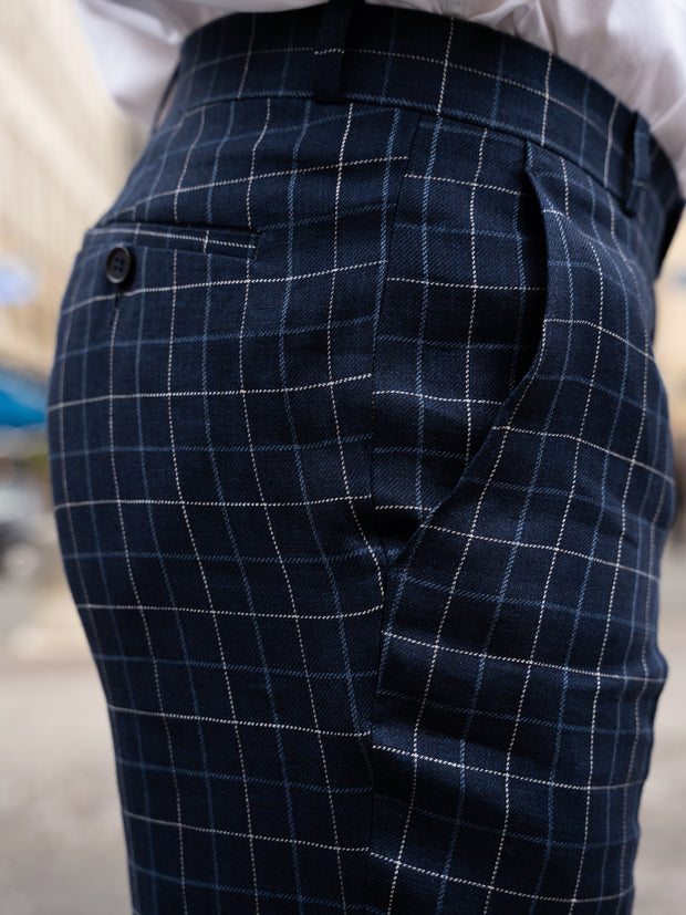 pantalon siza coupe italienne en toile de lin et laine bleu à carreaux British blue and chalk