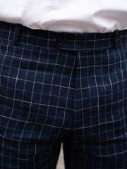 italian siza trousers in British-blue and chalk checked linen canvas

