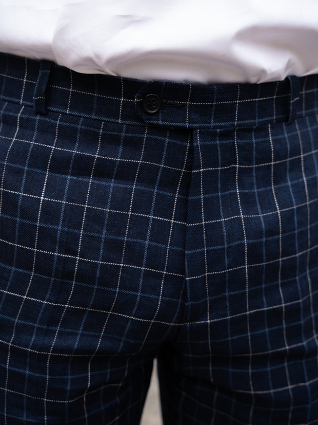 pantalon italien siza en toile de lin à carreaux British blue and chalk