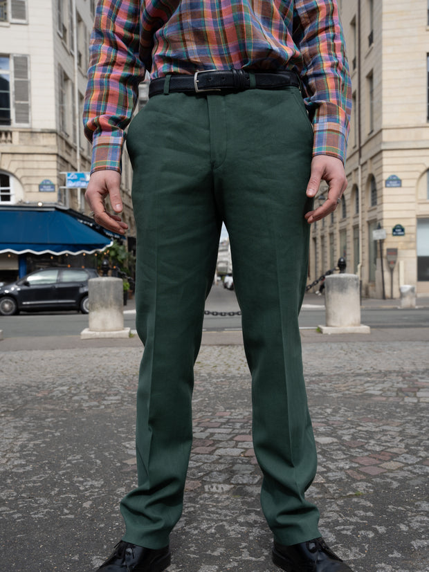 pantalon italien siza vert en toile stretch de lin et coton