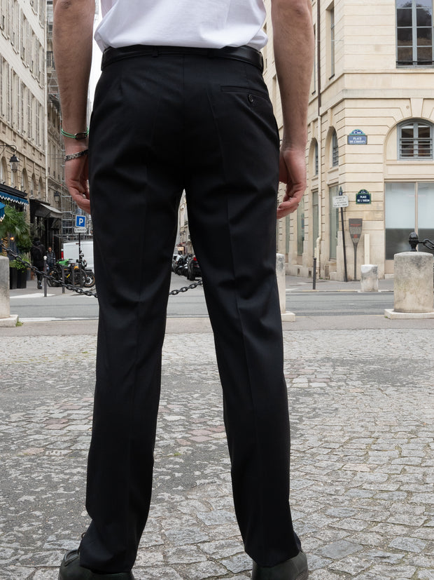 siza flat-front slim city trousers in black crease-resistant wool canvas
