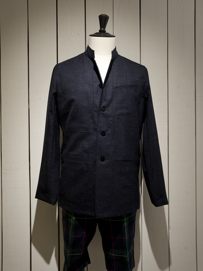 veste architecte à col Nehru en toile laine et lin dirty black effet tweed
