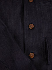 veste architecte à col nehru en denim extensible sanforisé indigo