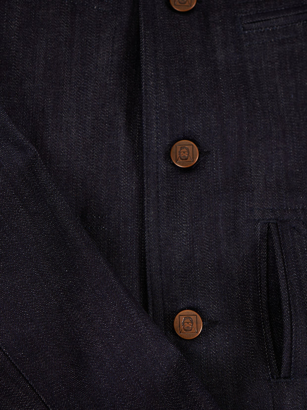 veste architecte à col nehru en denim extensible sanforisé indigo