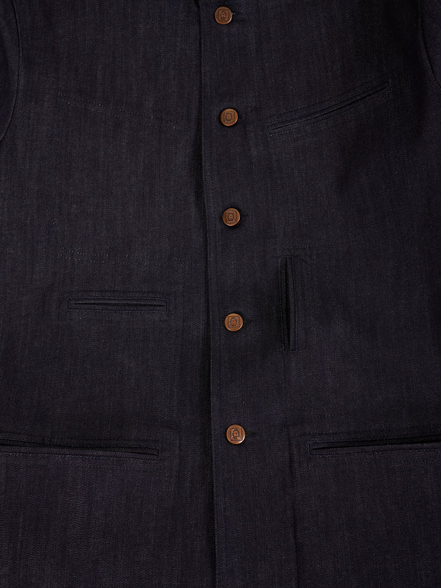 veste architecte à col nehru en denim extensible sanforisé indigo