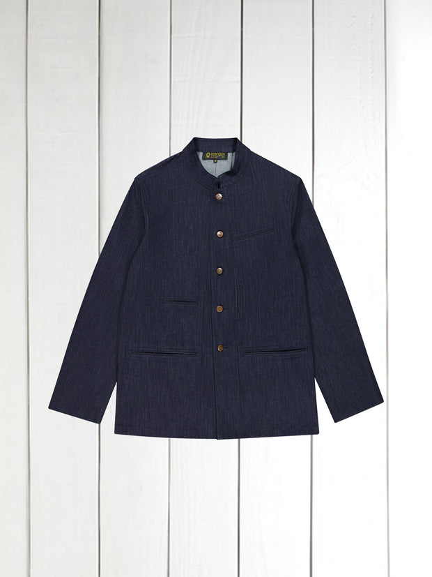 veste architecte à col nehru en denim extensible sanforisé indigo