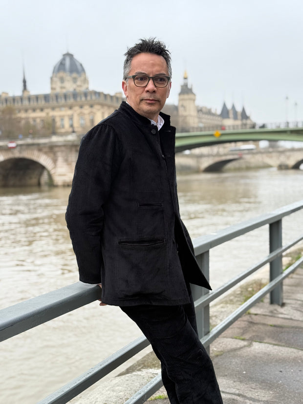 nehru-collar architect jacket in black wool-cordoroy – hollington
