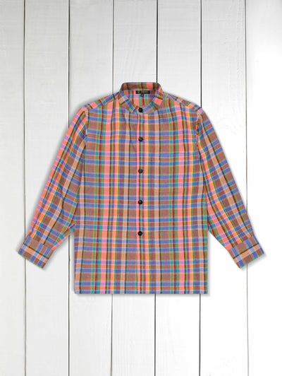 veste-chemise col mao en toile de lin au tartan d’été