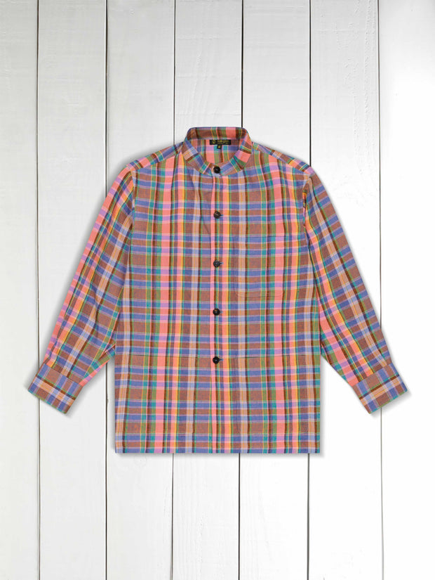 mao-collar shirt jacket in linen canvas with summer tartan
