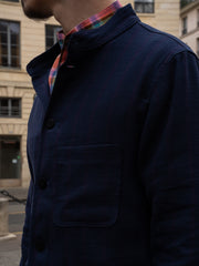 naipaul jacket with mao collar in double-faced navy linen crepe with Pink British stripes