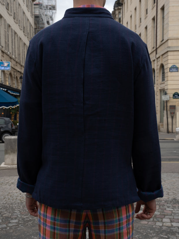 naipaul jacket with mao collar in double-faced navy linen crepe with Pink British stripes