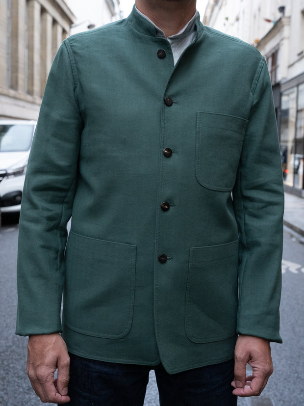 slim nehru-collar savoie jacket in green stretch cotton and linen herringbone fabric