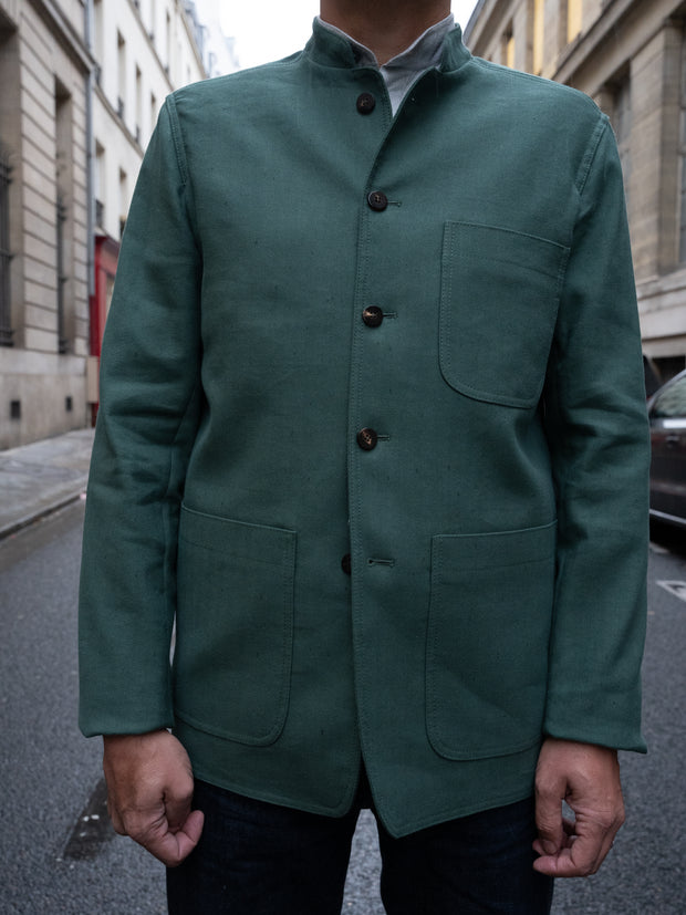 veste savoie ajustée à col nehru en toile à chevrons de lin et coton stretch verte