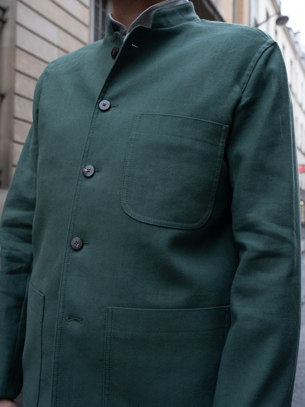 slim nehru-collar savoie jacket in green stretch cotton and linen herringbone fabric