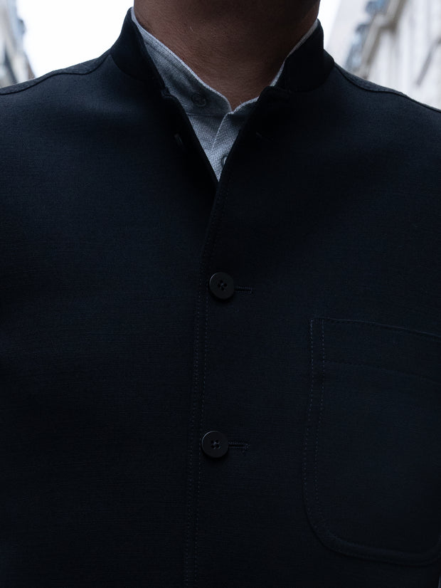 veste savoie ajustée à col nehru en ottoman de laine noire