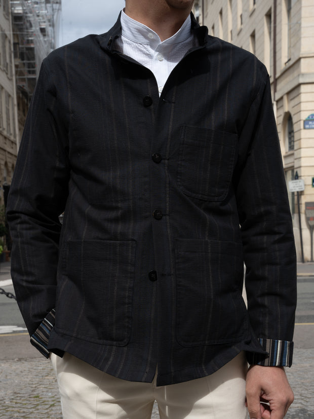 veste naipaul à col mao en seersucker noir double-face à rayures irrégulières scandinaves