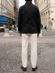 naipaul jacket with mao collar in black double-sided seersucker with irregular Scandinavian stripes