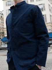 chequered japanese denim regular nehru-collar tyrol jacket