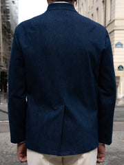 megève officer-collar jacket in fabric washed" stretch indigo denim
