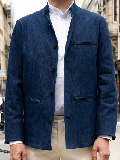 megève officer-collar jacket in fabric washed" stretch indigo denim