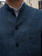 slim nehru-collar tyrol jacket in pure Dufy blue linen with black herringbone