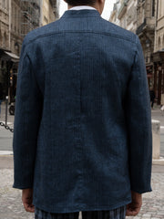slim nehru-collar tyrol jacket in pure Dufy blue linen with black herringbone