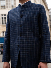 veste tyrol ajustée à col nehru en toile de lin et laine à carreaux British blue and chalk