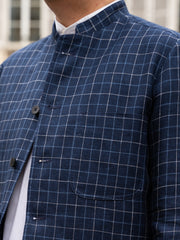 slim nehru-collar tyrol jacket in linen and wool canvas British blue and chalk checks