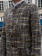 veste tyrol ajustée en soie indienne chamarrée brun, écru, ciel et orangé