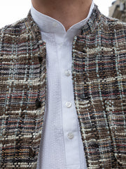veste tyrol ajustée en soie indienne chamarrée brun, écru, ciel et orangé