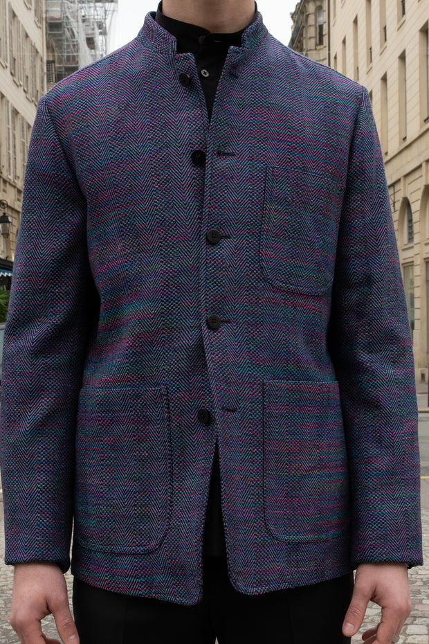 slim nehru-collar tyrol jacket in multicoloured Indian silk chamarré pink, violet blue green on pink 