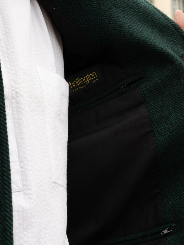 slim nehru-collar tyrol jacket in emerald green super soft tweed with black herringbone