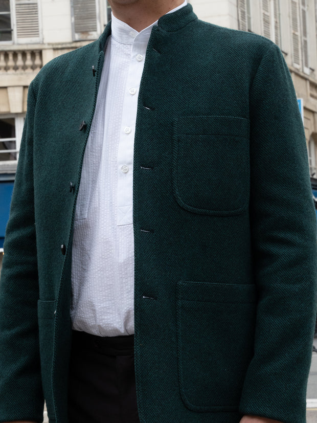 veste tyrol ajustée à col nehru en super soft-tweed vert émeraude à chevrons noirs