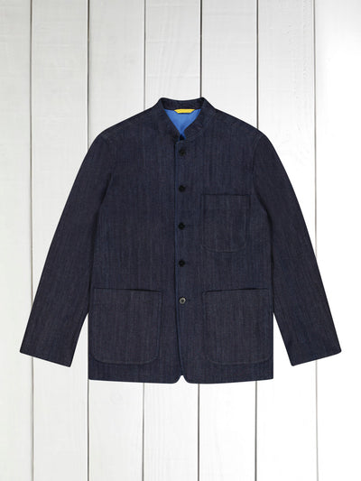 fitted tyrol jacket with nehru collar in raw stretch denim