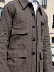 grenoble charpenter-collar jacket in black chevron linen-and-cotton canvas