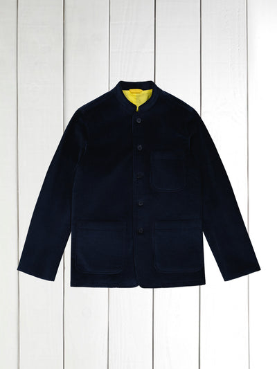 fitted tyrol jacket with Nehru collar in dark navy wool corduroy
