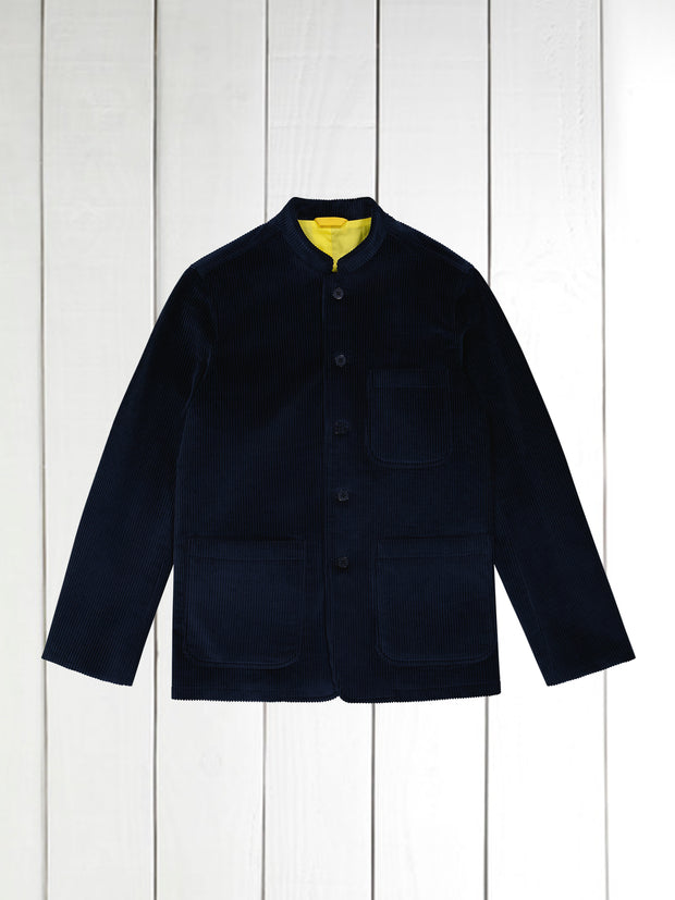 fitted tyrol jacket with Nehru collar in dark navy wool corduroy