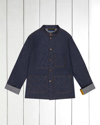 unlined naipaul officer-collar jacket in indigo denim