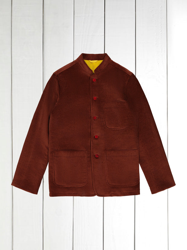 fitted tyrol jacket with nehru collar in chestnut wool cordoroy