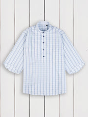 linen and cotton canvas short-sleeved mao collar shirt with blue stripes