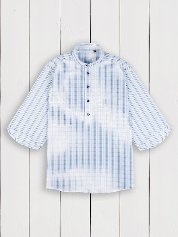 chemise deauville à manches courtes en toile de lin et coton à rayures bleues