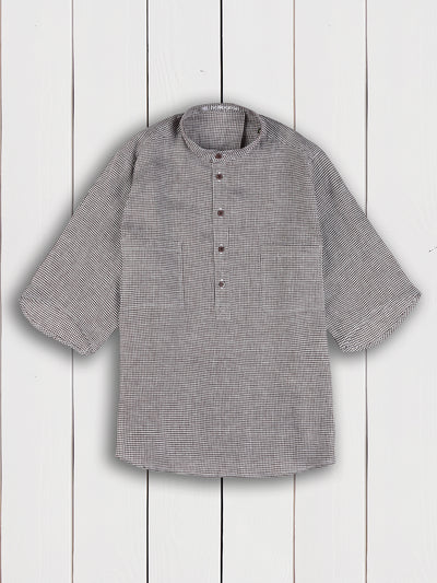 ebony gingham pure-linen canvas short-sleeves mao-collar shirt 