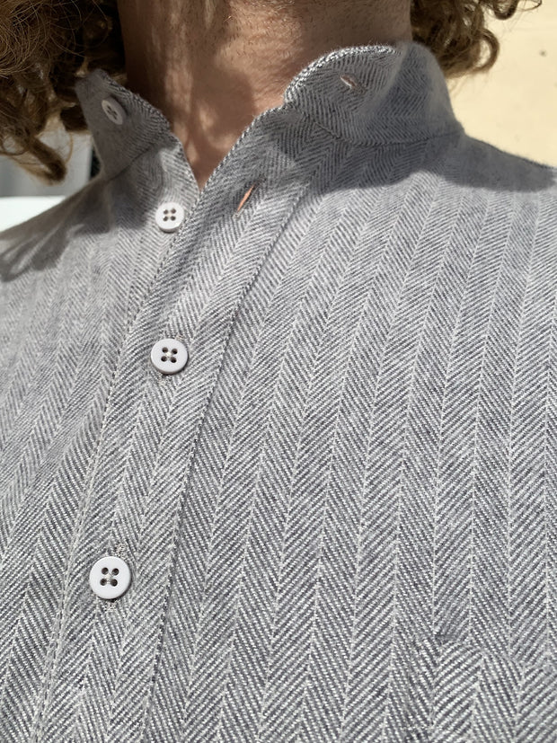 nehru-collar shirt in grey herringbone brushed cotton  
